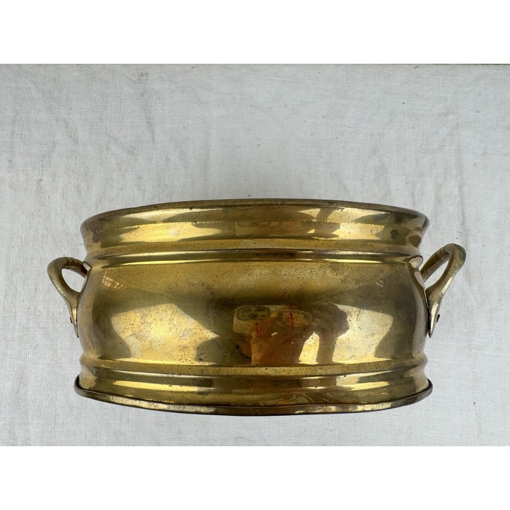 Vintage Solid Brass Oval Planter Bowl with Handles Footed Gold Centerpiece 8.5in - Picture 2 of 8